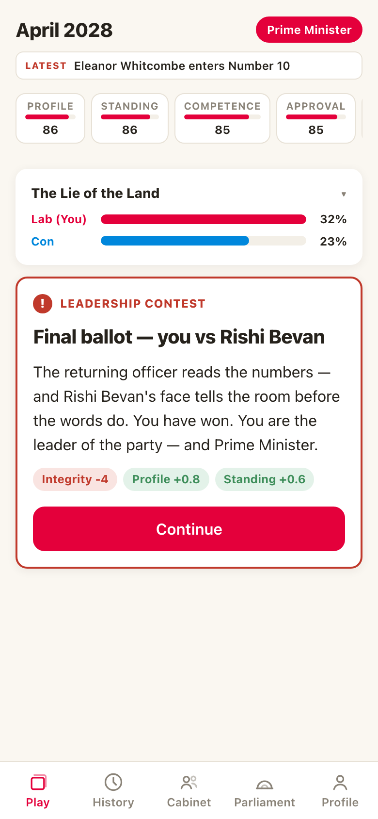 Leadership ballot screen announcing the player has become Prime Minister